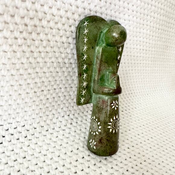 Green Soapstone Praying Folded Hands Angel Figurine Statue Etched Stars Sun 6.5" - Picture 5 of 8